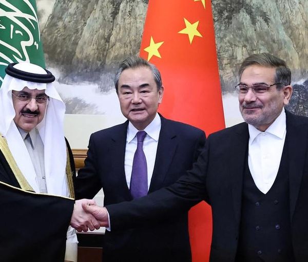 Wang Yi, China’s chief diplomat, Ali Shamkhani (R), Iran’s national security chief, and Saudi representative Musaad bin Mohammed Al Aiban in Beijing, March 10, 2023