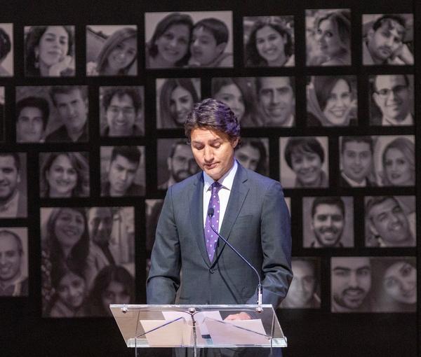 Canadian Prime Minister Justin Trudeau delivers remarks at a ceremony marking the third anniversary of the downing of Ukrainian International Airlines Flight 752 that killed 176 people. (January 8, 2023)