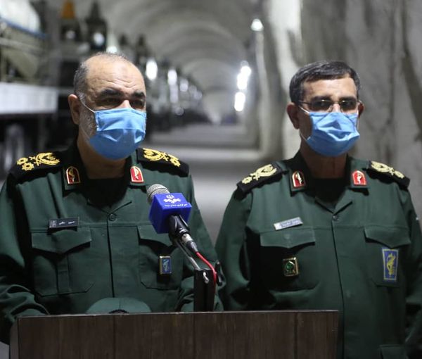 IRGC commander Hossein Salami (L) at an underground missile base in January 2021