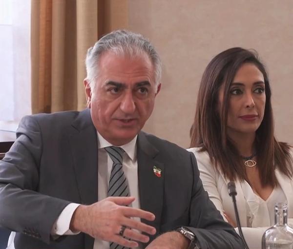 Exiled Prince Reza Pahlavi speaking during a meeting at Belgium’s parliament on February 28, 2023