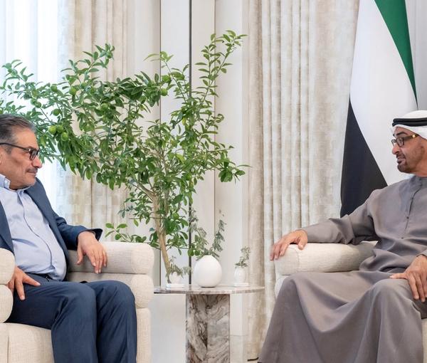 President of the United Arab Emirates Sheikh Mohamed bin Zayed Al Nahyan meets with Iran's top security official Ali Shamkhani, in Abu Dhabi, United Arab Emirates, March 16, 2023.