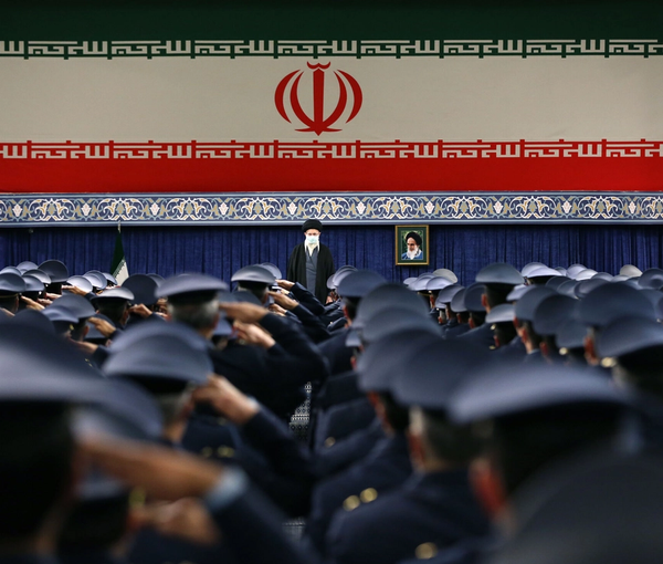 Supreme Leader Ali Khamenei addresses a group of Iranian Air Force commanders and personnel in Tehran, Iran, on February 8, 2023.