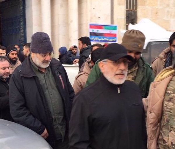 Picture taken in the northwestern Syrian city of Aleppo on February 8, 2023, shows Quds Force commander Esmail Ghaani (second right)  