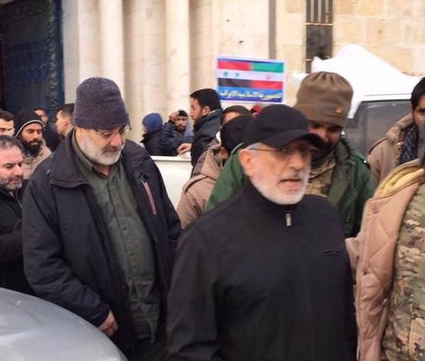 Picture taken in the northwestern Syrian city of Aleppo on February 8, 2023, shows Quds Force commander Esmail Ghaani (second right)