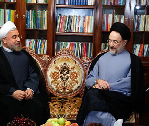 Former Iranian presidents Hassan Rouhani (L) and Mohammad Khatami. Undated