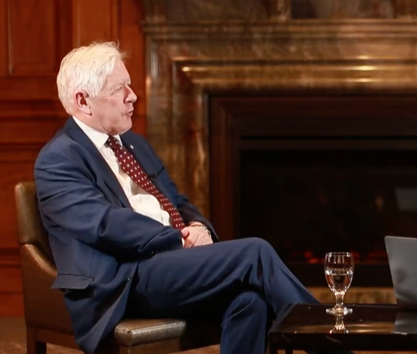Bob Rae, the permanent representative of Canada to the United Nations (left) during an interview with Iran International’s Mahsa Mortazavi