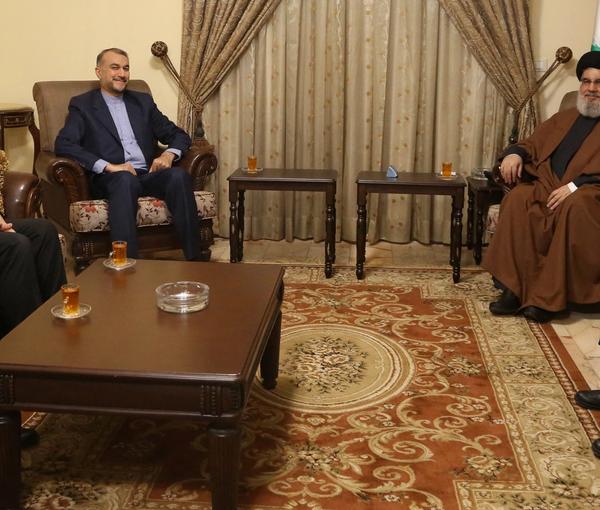 Lebanon's Hezbollah leader Seyyed Hassan Nasrallah meets with Iranian Foreign Minister Hossein Amir-Abdollahian in this handout picture in an unidentified location and released by Hezbollah Media Office on January 13, 2023.
