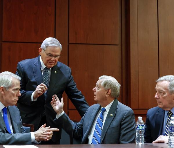 United States Senators Rob Portman (R-OH), Bob Menendez (D-NJ), Lindsey Graham (R-SC), and Dick Durbin (D-IL) at the United States Capitol in Washington on December 6, 2022 