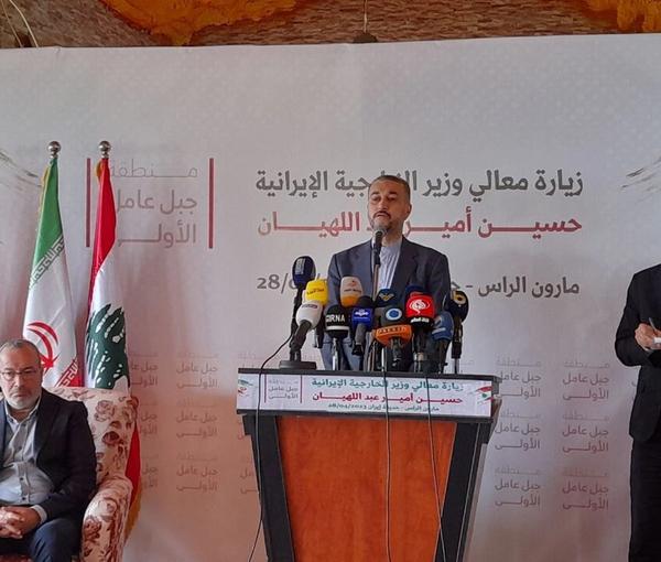 Iranian Foreign Minister Hossein Amir-Abollahian during a press conference in Lebanon on April 28, 2023