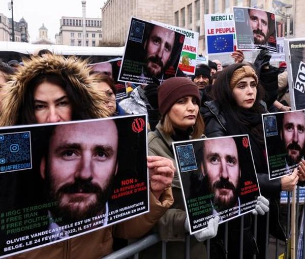 People protest against the detention of Belgian aid worker Olivier Vandecasteele in Iran, Belgium, January 22, 2023.