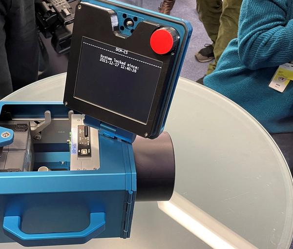 IAEA monitoring camera seen at a press conference in Vienna on December 17, 2021