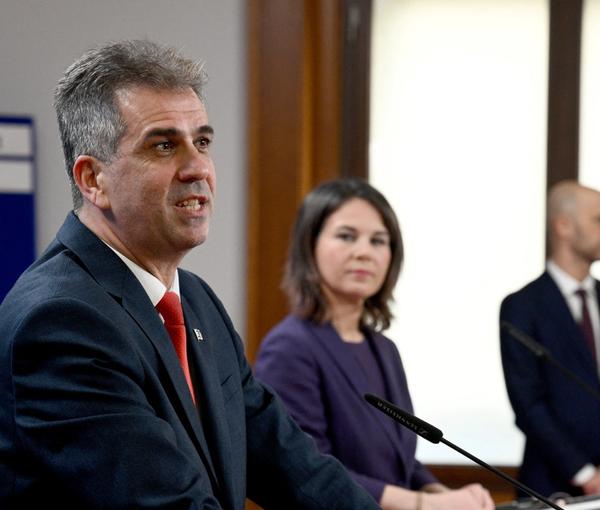 German Foreign Minister Annalena Baerbock and Israeli Foreign Minister Eli Cohen speak to reporters as part of Israel's efforts "to stop Iran from obtaining nuclear weapons" in Berlin, Feb. 28, 2023