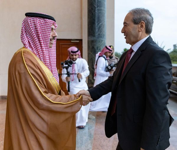 Saudi Foreign Minister Prince Faisal bin Farhan bin Abdullah meets with his Syrian counterpart Faisal Mekdad in Jeddah, April 12, 2023