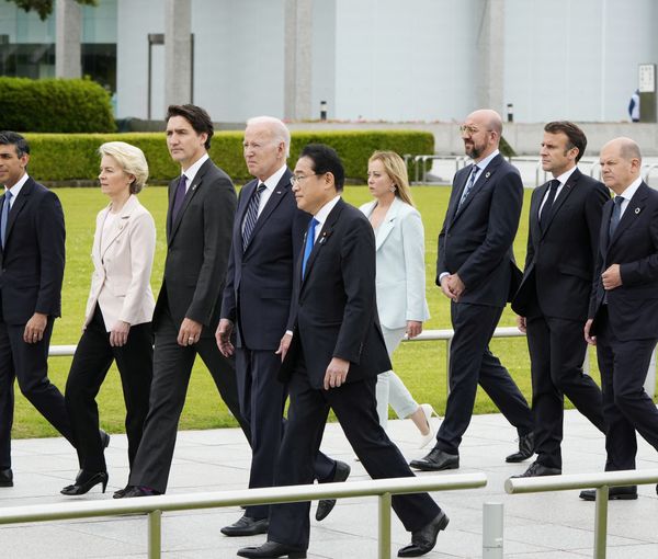 British Prime Minister Rishi Sunak, European Commission President Ursula von der Leyen, Canadian Prime Minister Justin Trudeau, US President Joe Biden, Japan’s Prime Minister Fumio Kishida, Italian Prime Minister Giorgia Meloni, European Council President Charles Michel, French President Emmanuel Macron, German Chancellor Olaf Scholz, walk to a flower wreath laying ceremony at the Cenotaph for Atomic Bomb Victims in the Peace Memorial Park as part of the G7 Hiroshima Summit in Hiroshima, Japan, 19 May 2023.