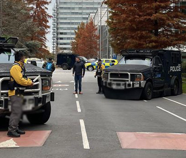 Police armed vehicles outside Iran International's headquarters in London, November 19, 2022