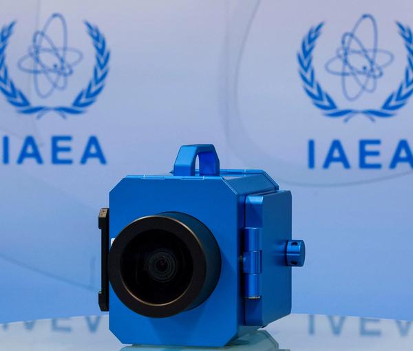 A surveillance camera is displayed during a news conference about developments related to the IAEA's monitoring and verification work in Iran, in Vienna, Austria June 9, 2022.