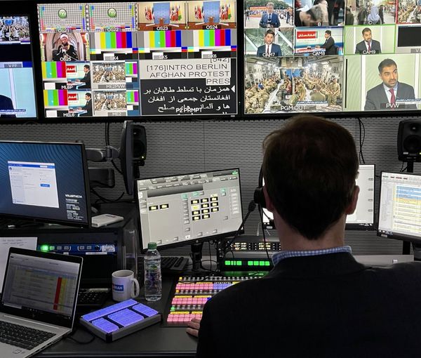A television broadcast control room at Volant Media. Undated